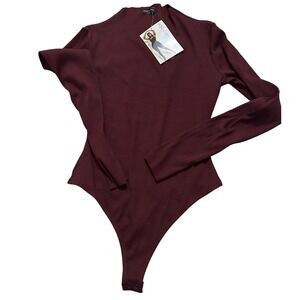 Naked Wardrobe Women Ribbed Mock Neck Long Sleeve Bodysuit Burgundy Size XL NWT
